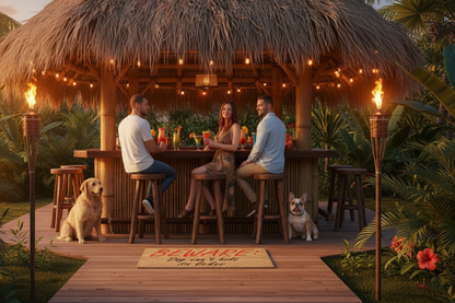 Beware: Dog Can’t Hold Its Licker coir doormat in a tropical outdoor setting
