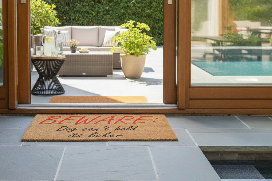 Beware: Dog Can’t Hold Its Licker coir doormat outside a glass doorway