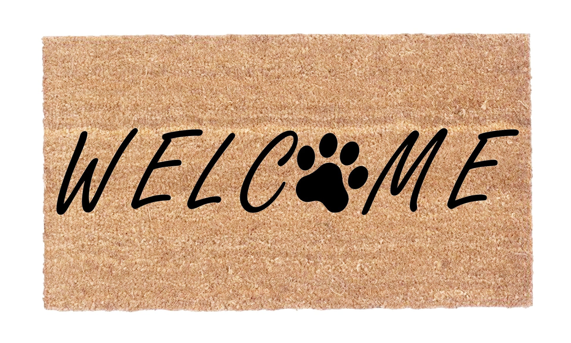 Close-up of natural coir fiber and black paw print detail on Welcome Dog Paw Coco Doormat