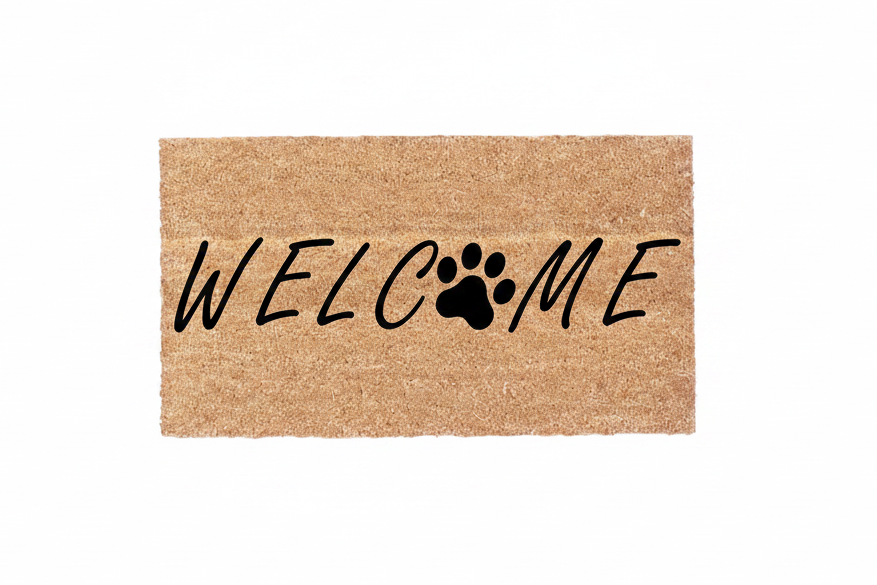 Welcome Dog Paw Coco Doormat with natural coir fiber and black paw print design on white background