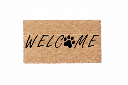 Welcome Dog Paw Coco Doormat with natural coir fiber and black paw print design on white background