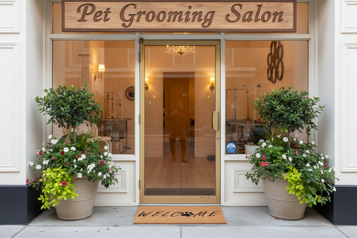 Welcome Dog Paw Coco Doormat at the entrance of a pet grooming salon