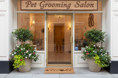 Welcome Dog Paw Coco Doormat at the entrance of a pet grooming salon