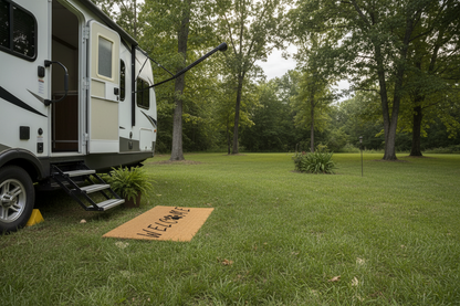 Welcome Dog Paw Coco Doormat displayed outside an RV on a grassy lawn