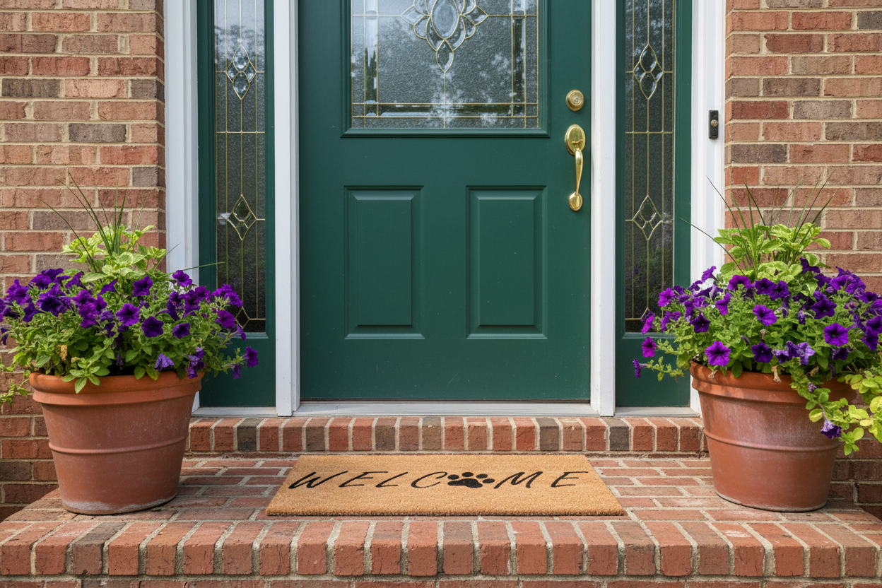 Welcome Dog Paw Coco Doormat placed at a residential front door with brick entryway
