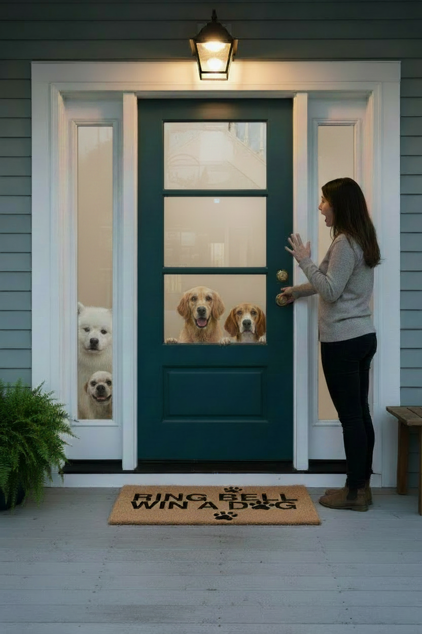Woman ringing a doorbell with dogs visible through the front door and Ring Bell Win a Dog doormat
