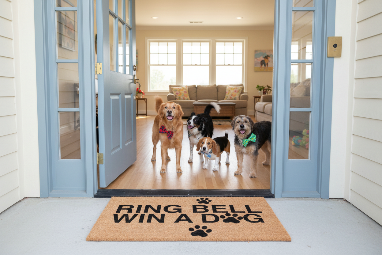 Ring Bell Win a Dog coir doormat at the entrance of a home with dogs visible inside