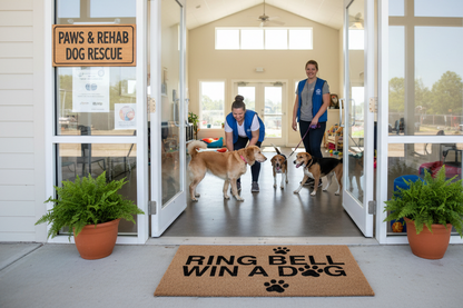 Ring Bell Win a Dog coir doormat outside an animal rescue facility with dogs and staff inside