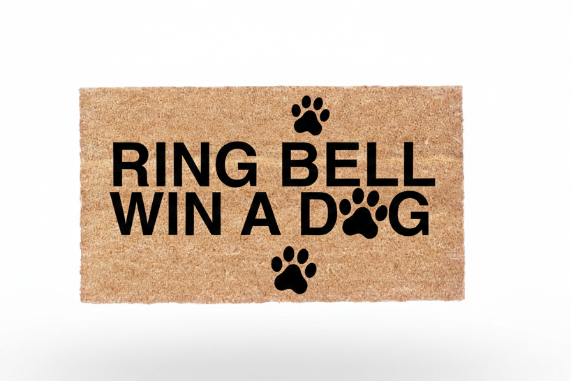 Ring Bell Win a Dog coir doormat with black lettering and paw print design on natural coconut fiber
