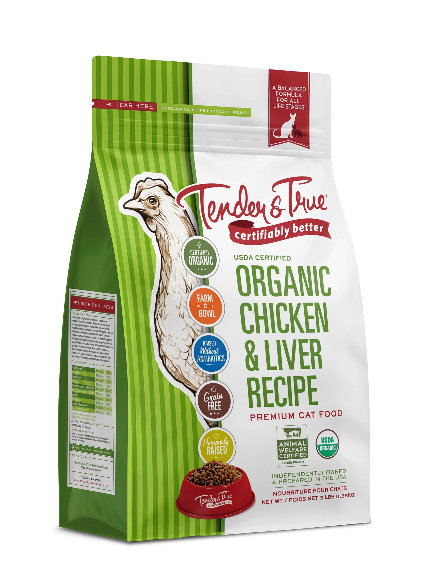 Tender & True Organic Chicken & Liver Recipe Dry Cat Food – 3 lb