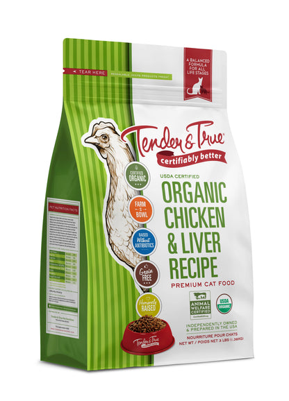 Tender & True Organic Chicken & Liver Recipe Dry Cat Food – 3 lb