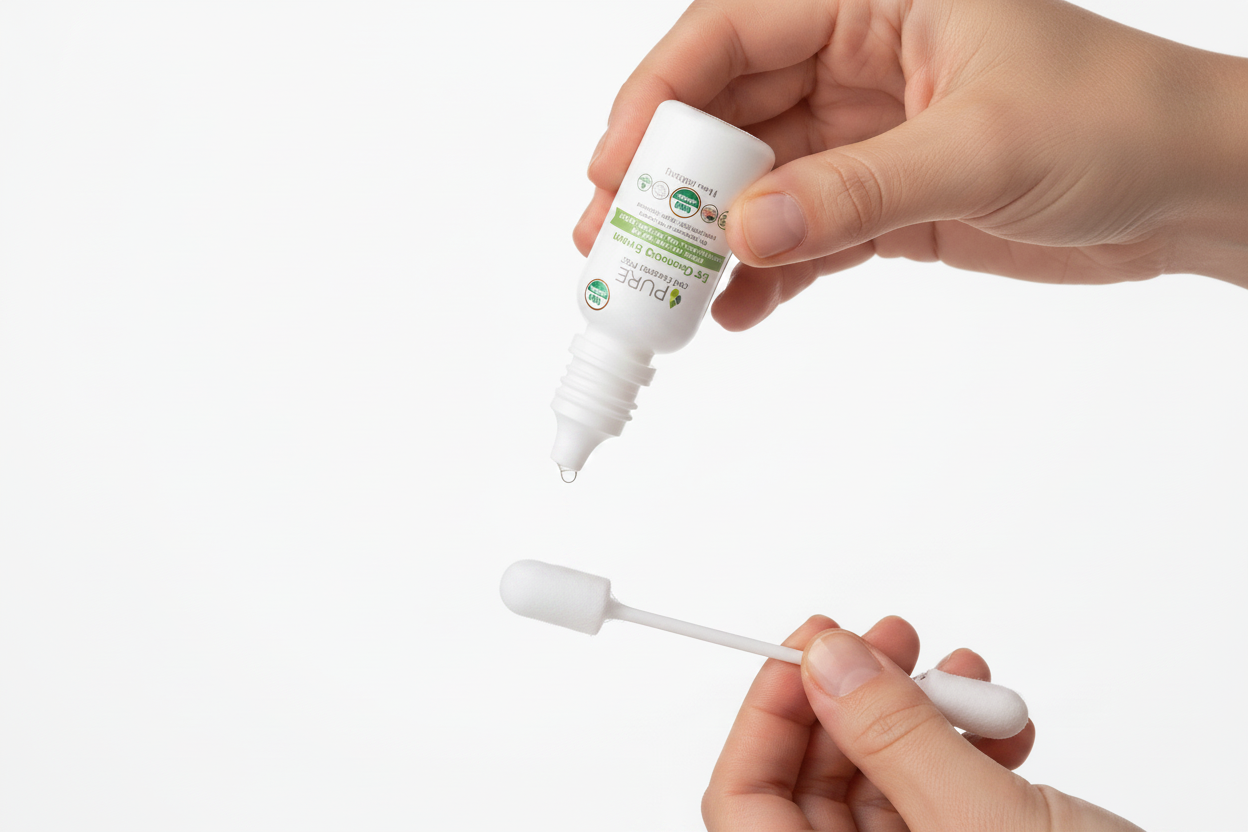 Applying organic ear cleansing serum to a medical-grade foam applicator before use