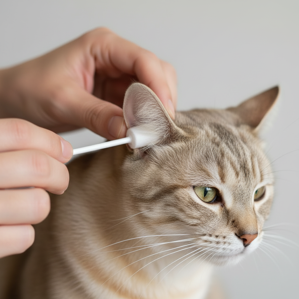 Cat having its ears gently cleaned with a medical-grade foam applicator