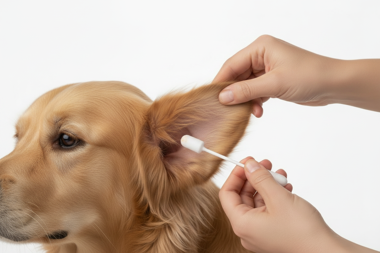 Golden Retriever receiving ear cleaning treatment with a medical-grade foam applicator