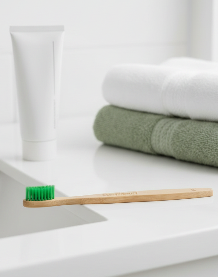 Close-up of bamboo toothbrush with soft nylon bristles designed for large breed dogs