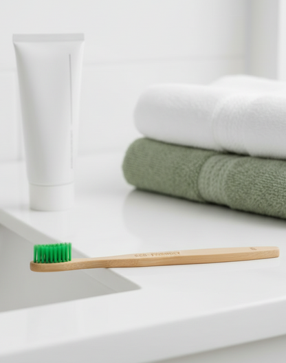 Close-up of bamboo toothbrush with soft nylon bristles designed for large breed dogs
