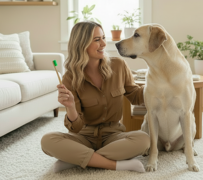 Owner preparing to brush a large dog’s teeth with an eco-friendly bamboo toothbrush