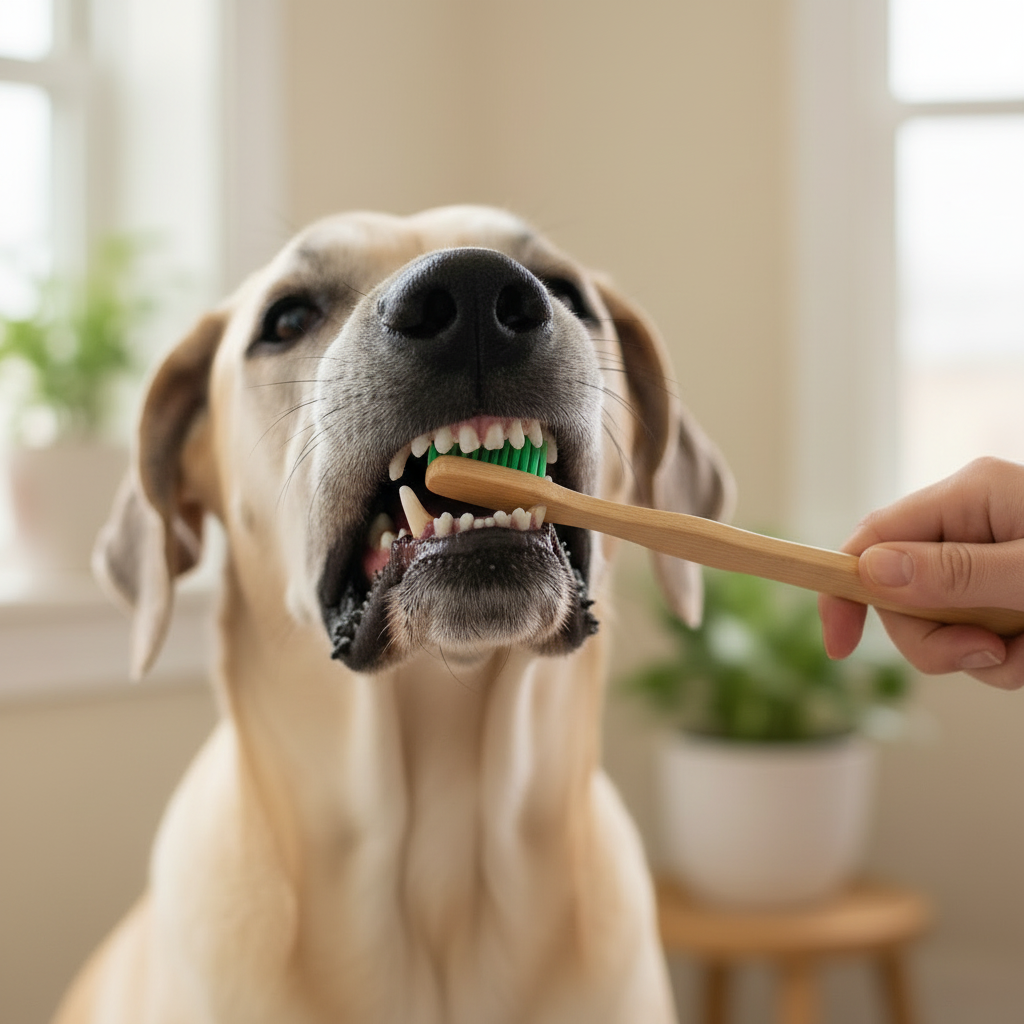 Brushing a large dog’s teeth with a bamboo toothbrush to support healthy gums and reduce plaque