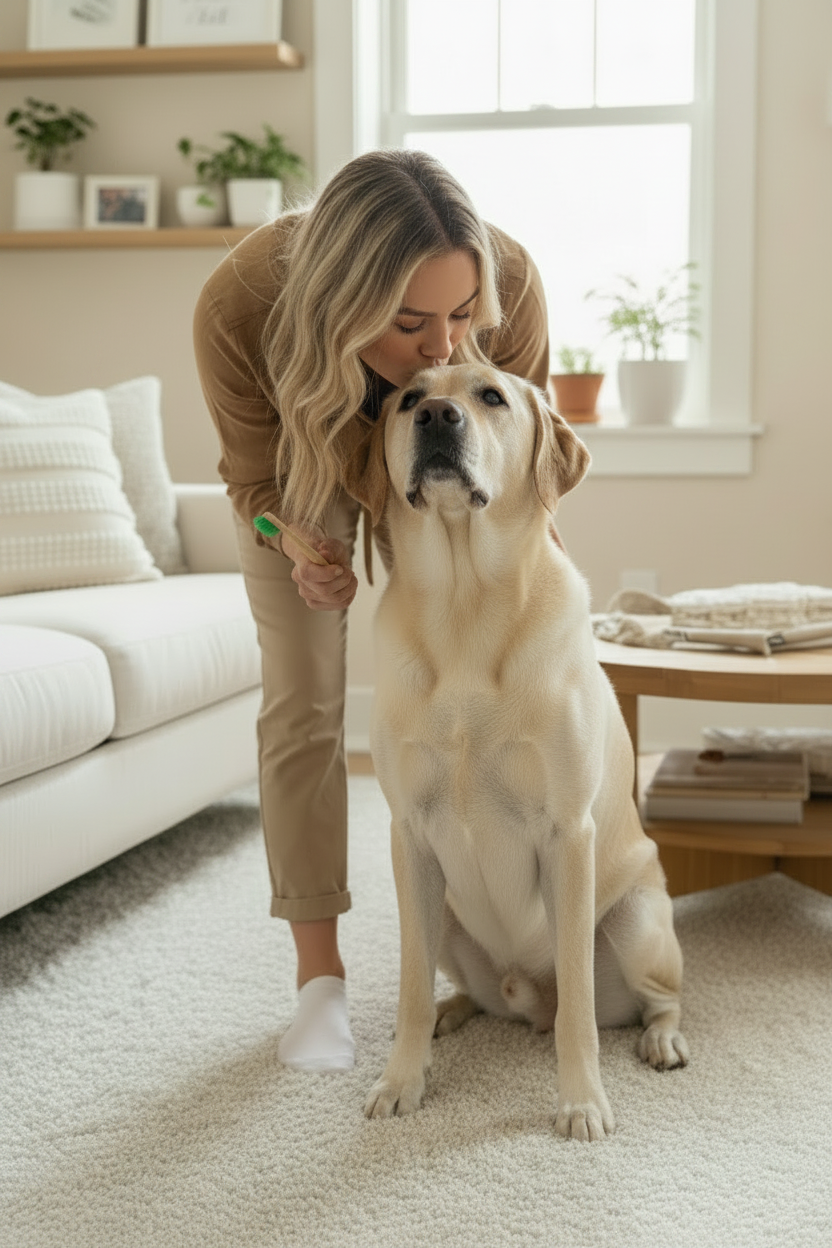 Owner introducing a bamboo toothbrush as part of a positive daily dental routine for a large dog