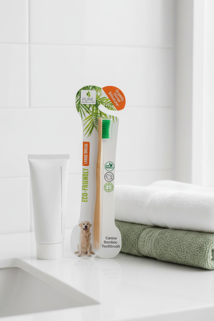 Large dog bamboo toothbrush displayed beside pet-safe toothpaste in a clean bathroom setting