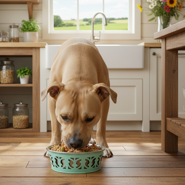 Dog enjoying a meal from the Eco-Friendly Stainless Steel Farmhouse Dog Bowl in a modern farmhouse kitchen