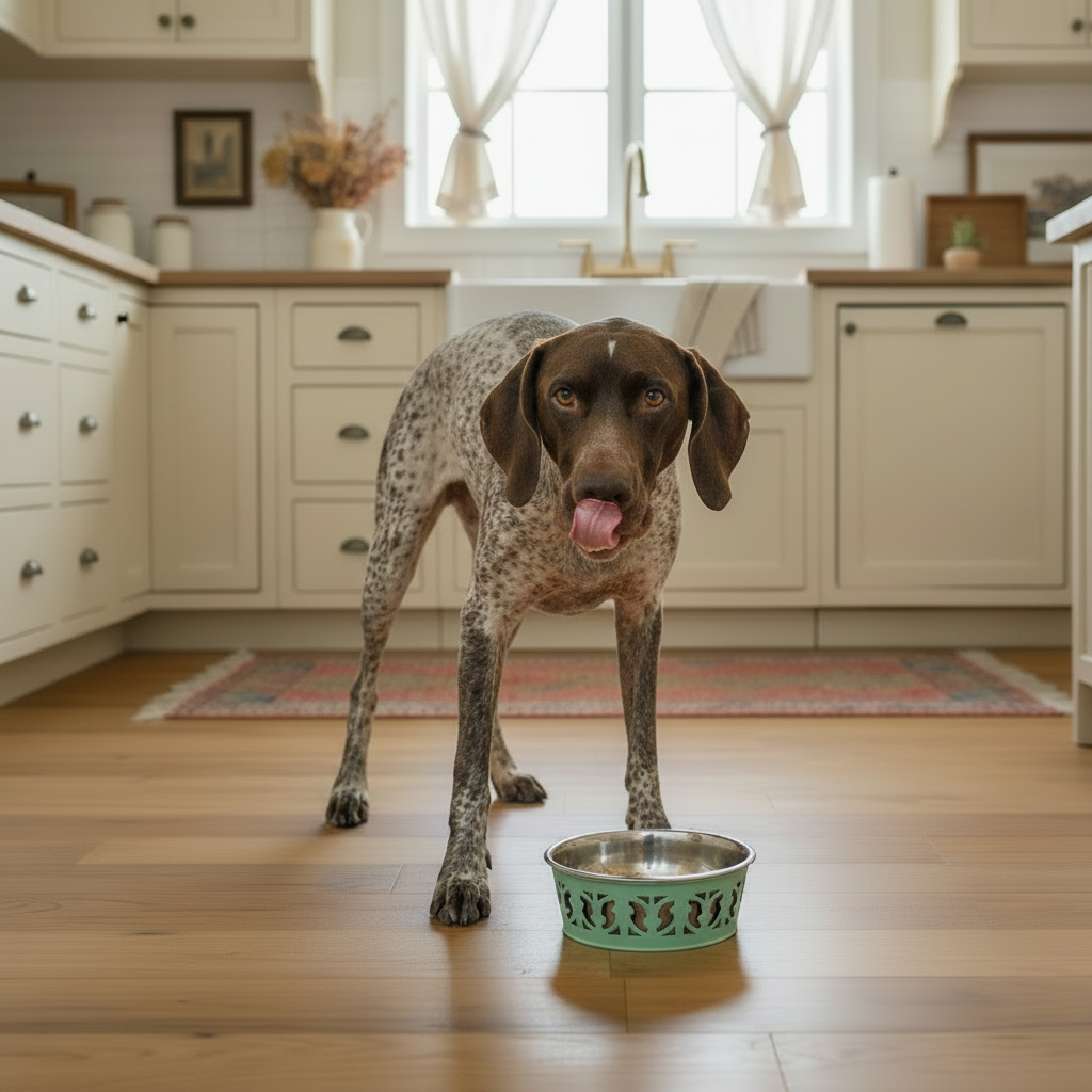 Dog standing beside the Eco-Friendly Stainless Steel Farmhouse Dog Bowl in a farmhouse-style kitchen