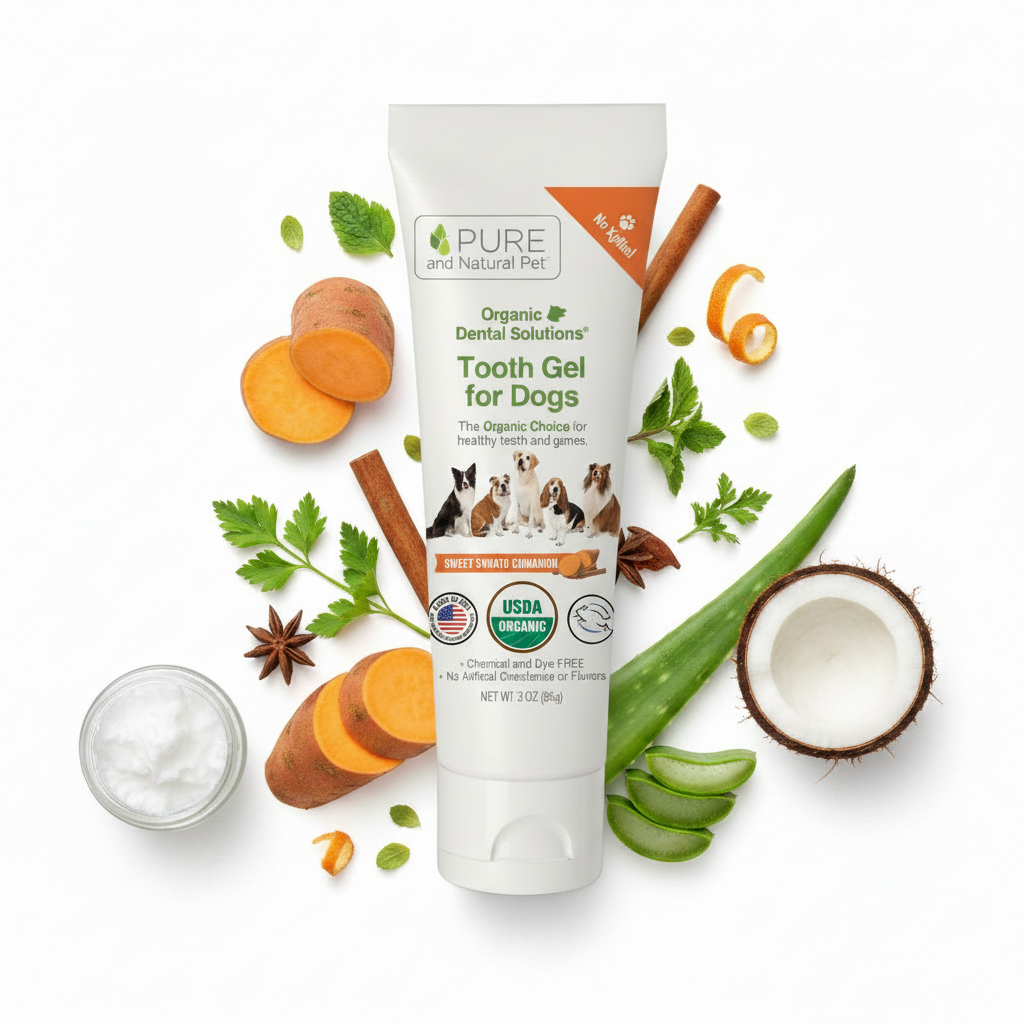 Pure and Natural Pet Tooth Gel for Dogs with sweet potato cinnamon and natural ingredients