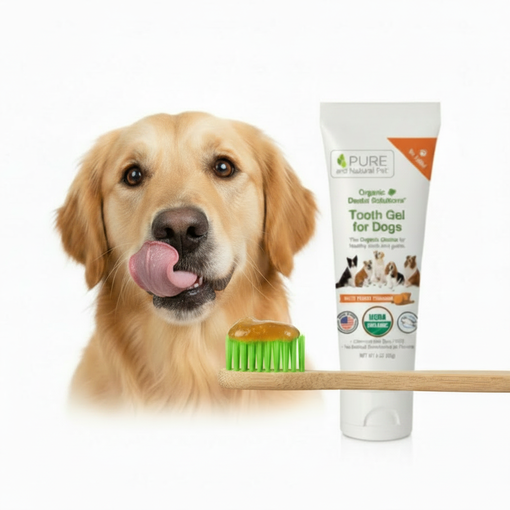 Dog receiving daily tooth brushing with Pure and Natural Pet Tooth Gel