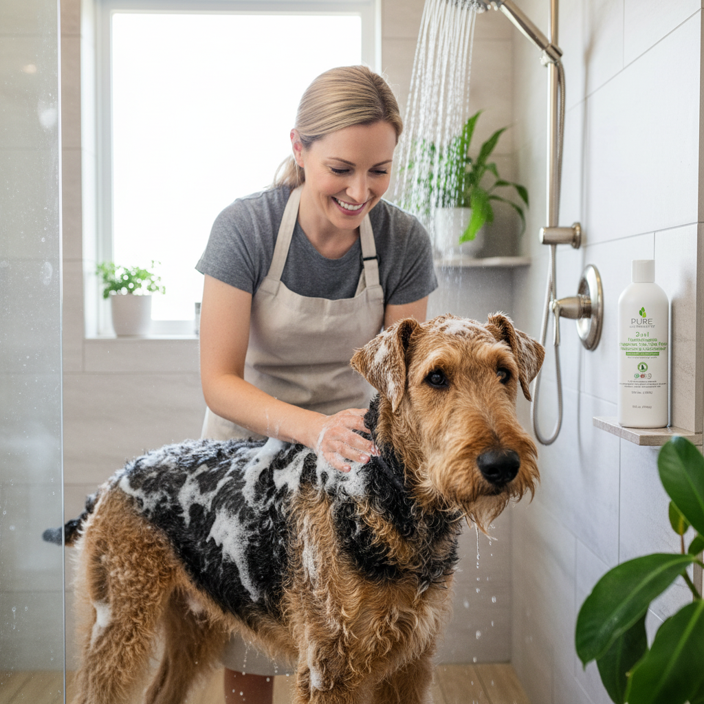 Dog being bathed with 2-in-1 hypoallergenic tear-free shampoo and conditioner