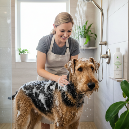 Dog being bathed with 2-in-1 hypoallergenic tear-free shampoo and conditioner
