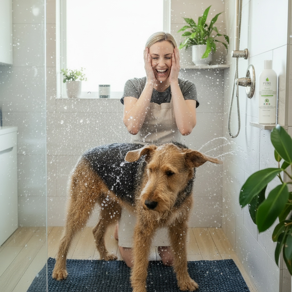 Happy clean dog after bath with tear-free hypoallergenic pet shampoo