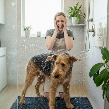 Happy clean dog after bath with tear-free hypoallergenic pet shampoo