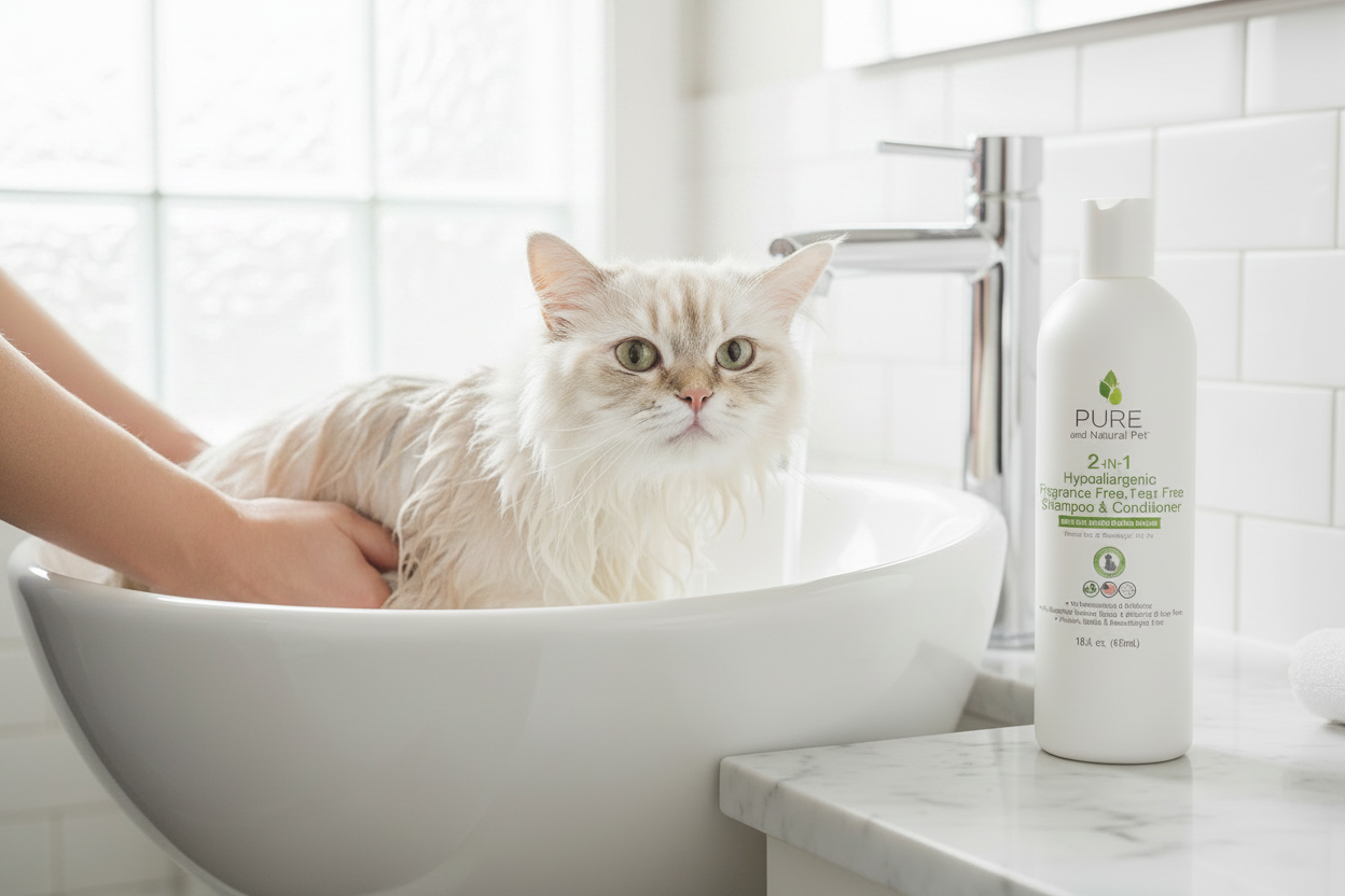 Gentle hypoallergenic tear-free shampoo and conditioner safe for cats