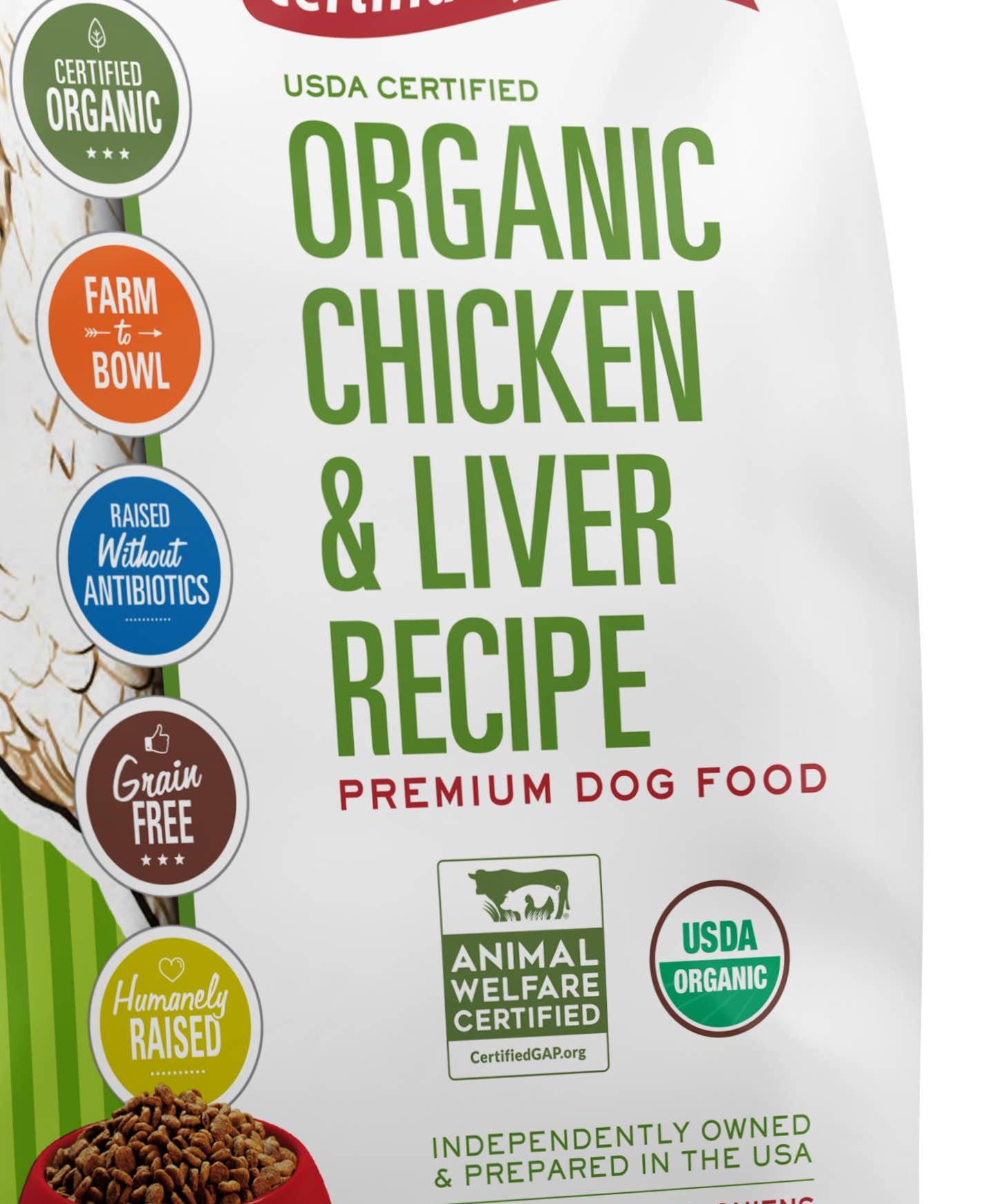 Organic Chicken & Liver Recipe Dry Dog Food highlighting USDA Organic, Animal Welfare Certified, cage-free, grain-free, and farm-to-bowl certifications.