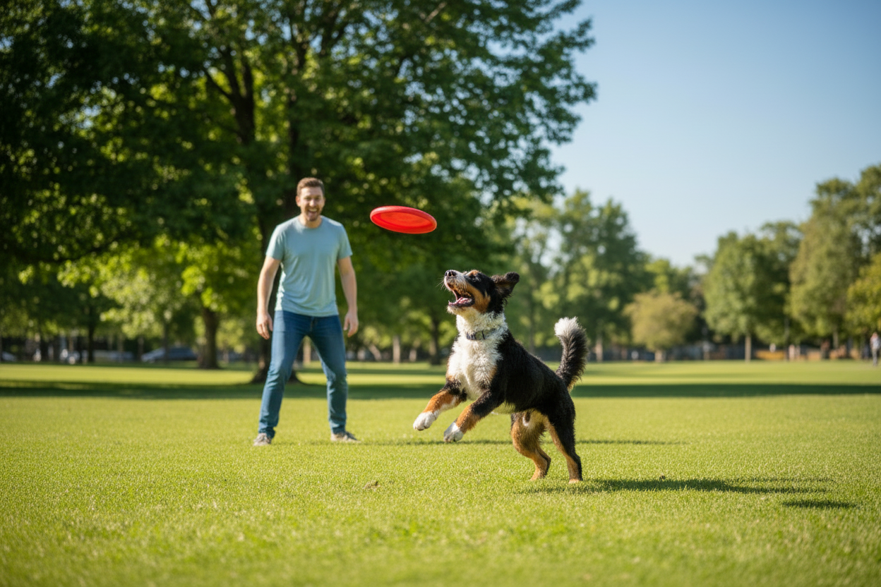 Dog playing fetch outdoors after enjoying a healthy meal with organic maca meal topper, representing everyday vitality and activity.