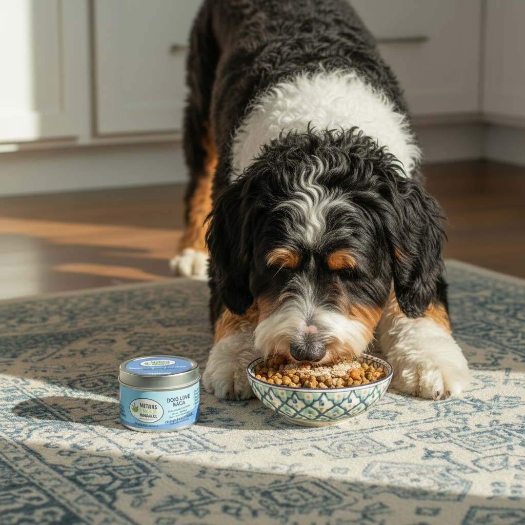 Dog enjoying a meal topped with organic maca powder to support a healthy daily feeding routine.