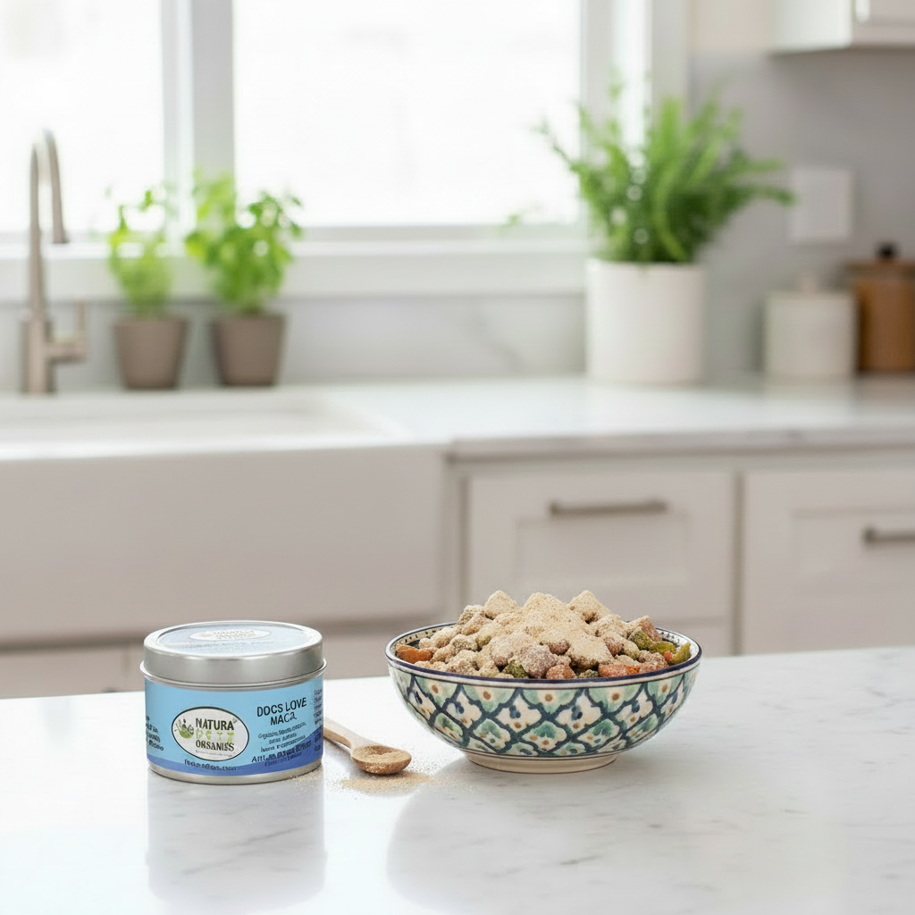 Organic maca meal topper served beside a fresh pet meal, ready to sprinkle over food for dogs and cats.