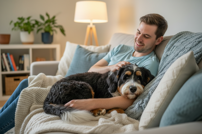 Owner relaxing with a happy dog after a healthy meal, representing daily wellness and quality time together.