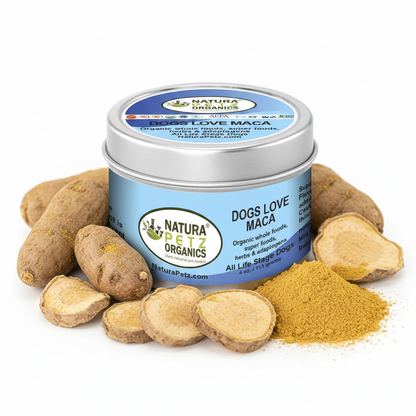 Dogs Love Maca organic meal topper displayed with whole maca root and maca powder to highlight its natural ingredients.