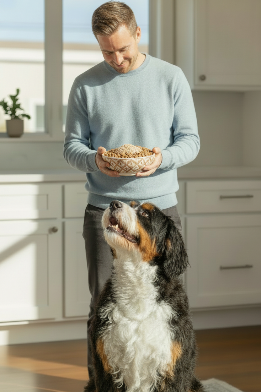 Pet owner preparing a fresh meal with Dogs Love Maca organic meal topper before serving their dog.