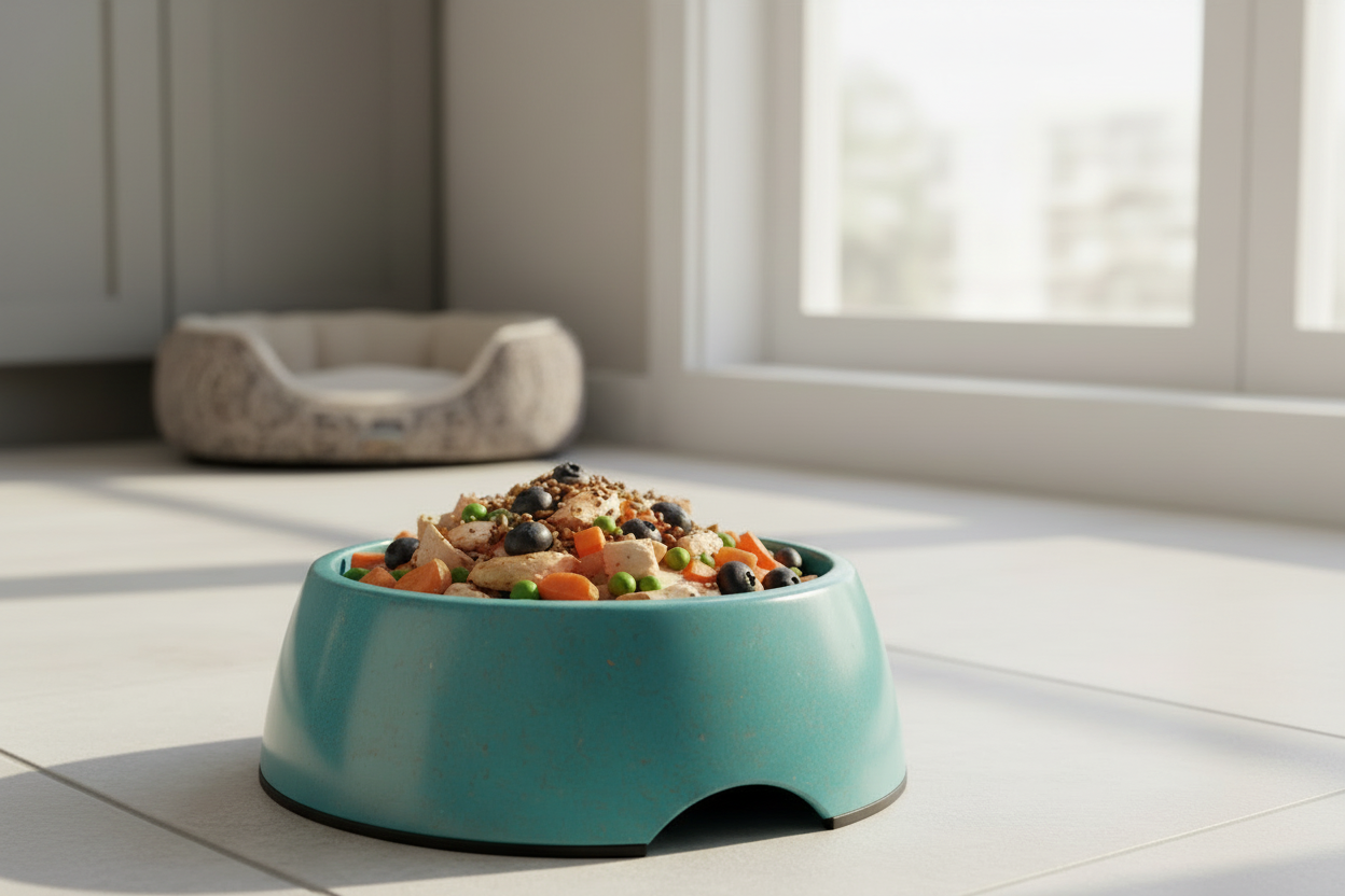 Teal Bamboo Dog Bowl Filled with Fresh Dog Food