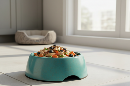 Teal Bamboo Dog Bowl Filled with Fresh Dog Food