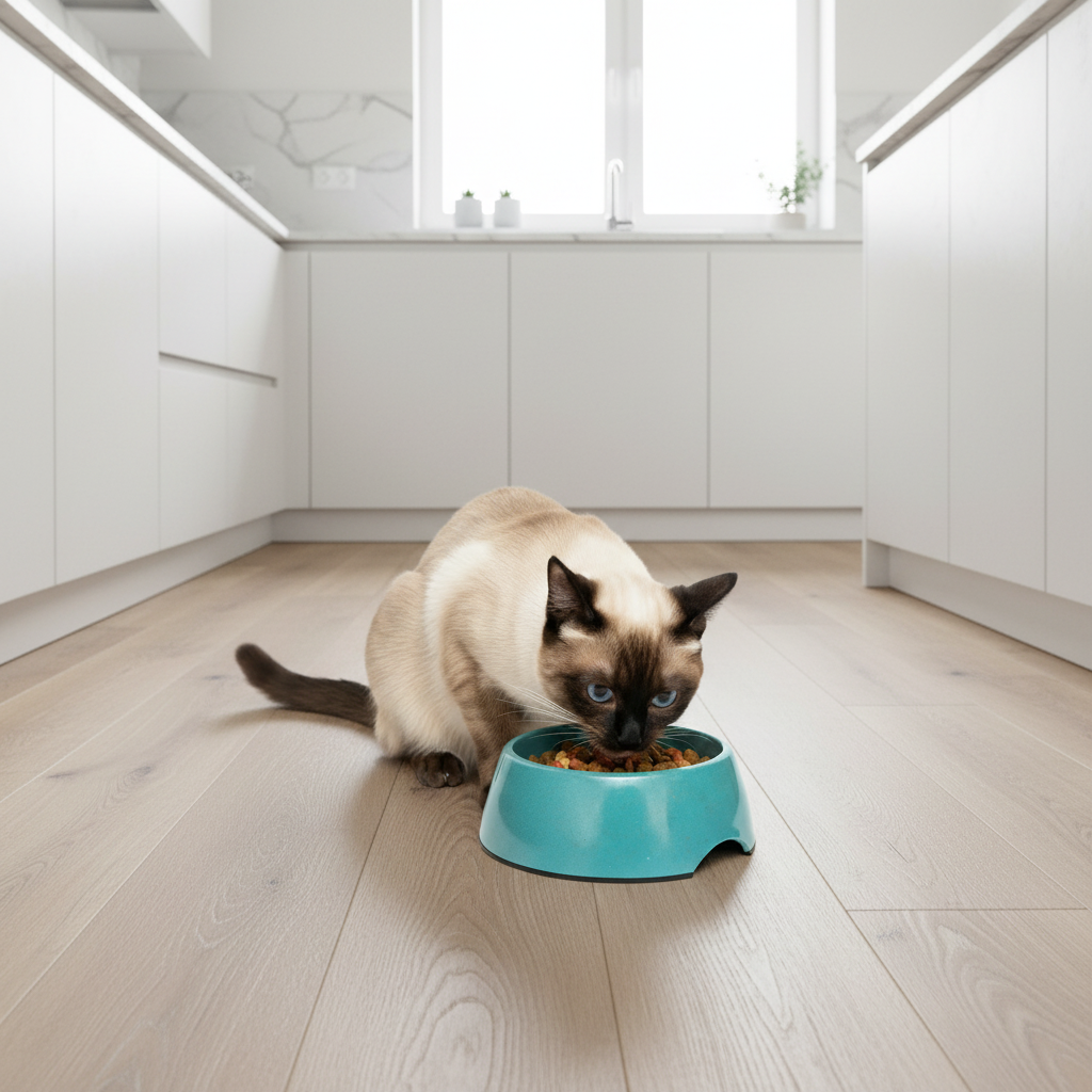 Cat Drinking from a Teal Bamboo Dog Bowl