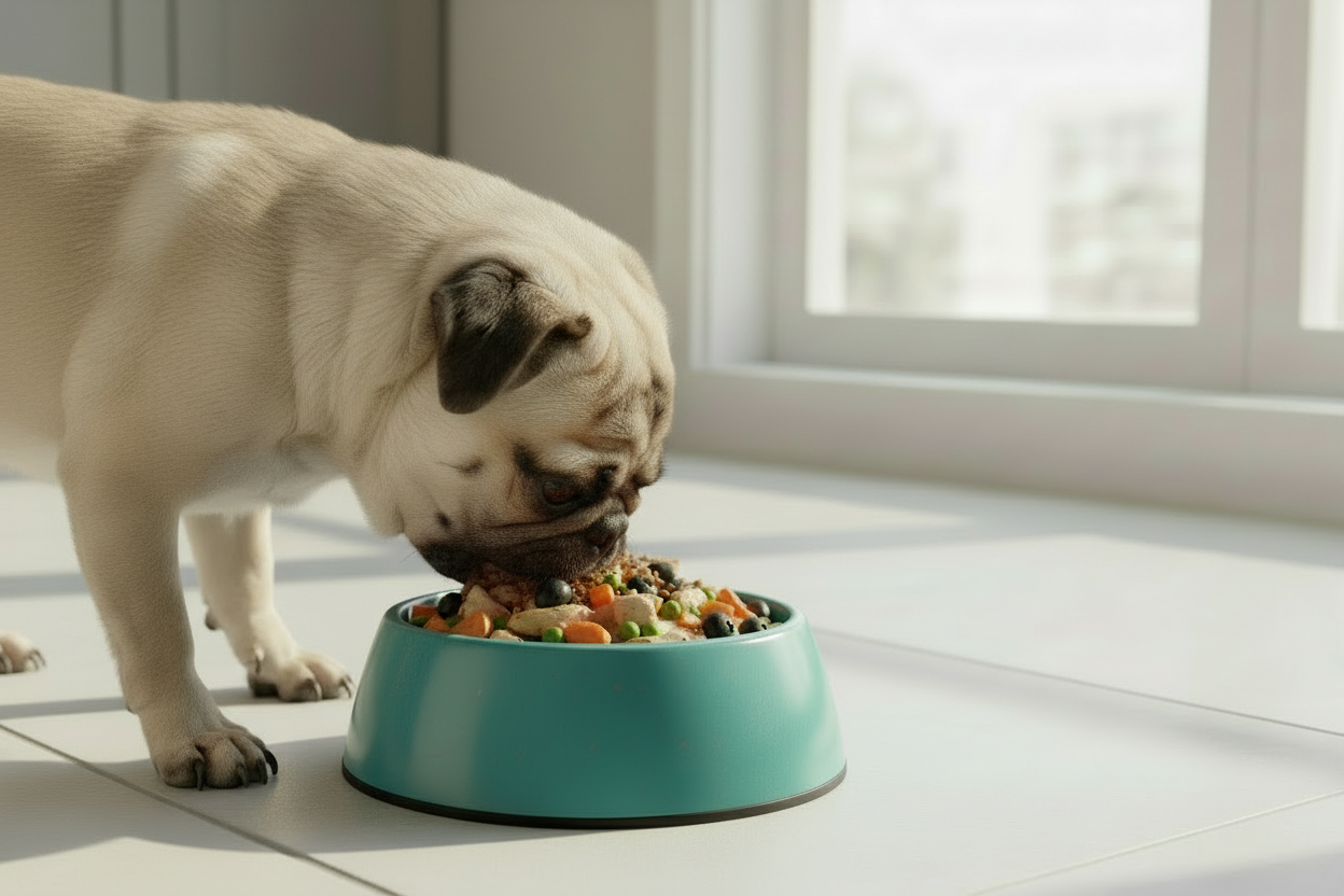 Pug Eating from a Teal Bamboo Dog Bowl