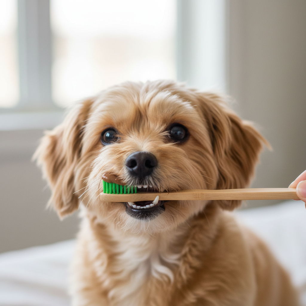 Small dog holding a bamboo toothbrush designed for gentle daily dental care