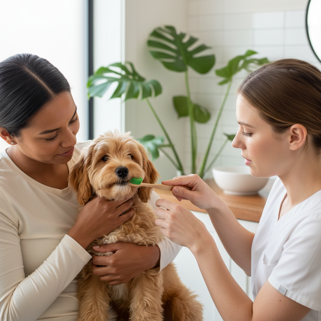 Pet parent brushing a small dog’s teeth with a bamboo toothbrush for daily oral hygiene
