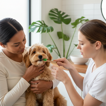 Pet parent brushing a small dog’s teeth with a bamboo toothbrush for daily oral hygiene