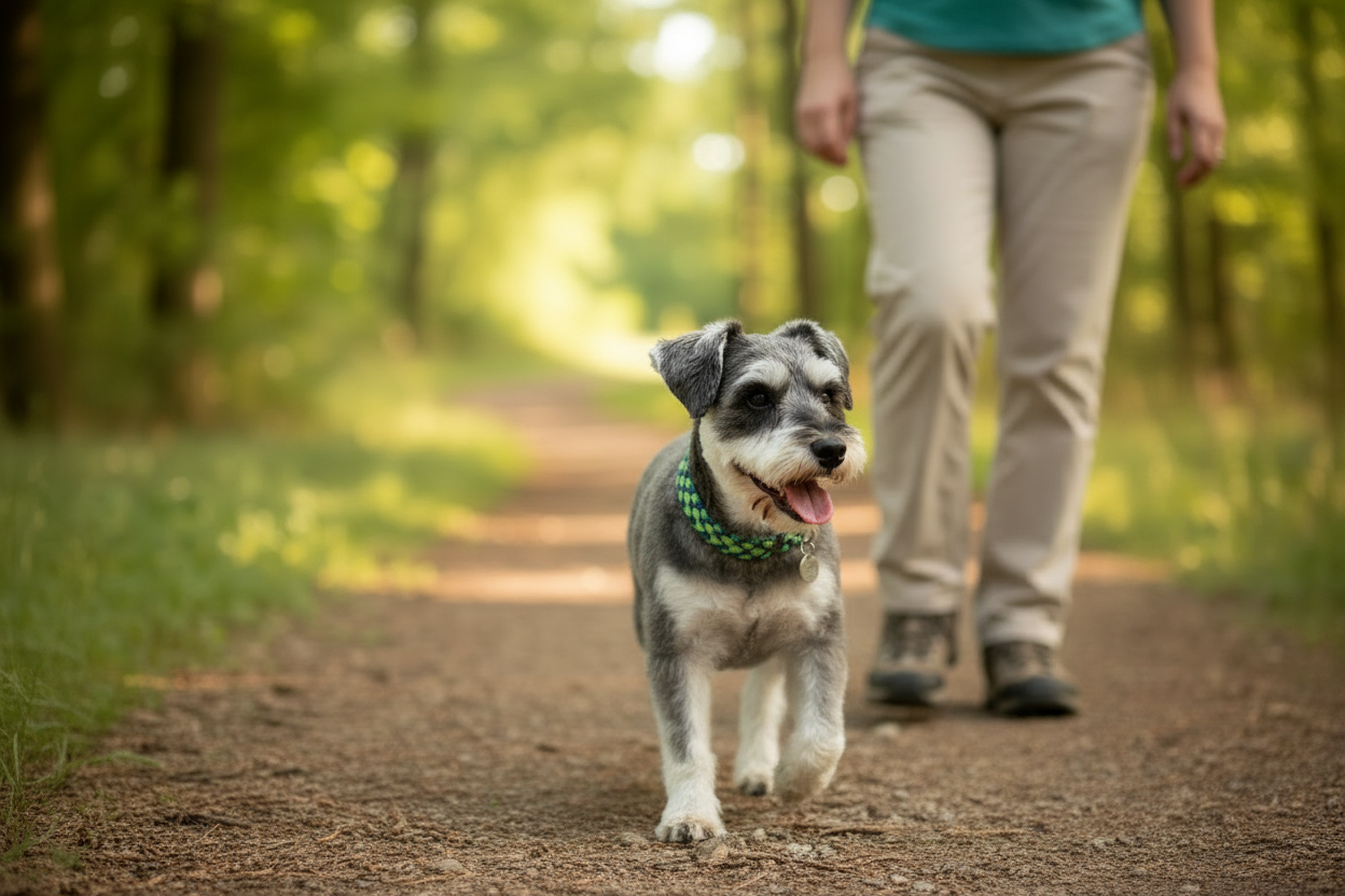 Dog walking outdoors wearing BetterCollar Neon Green & Royal Blue dog collar