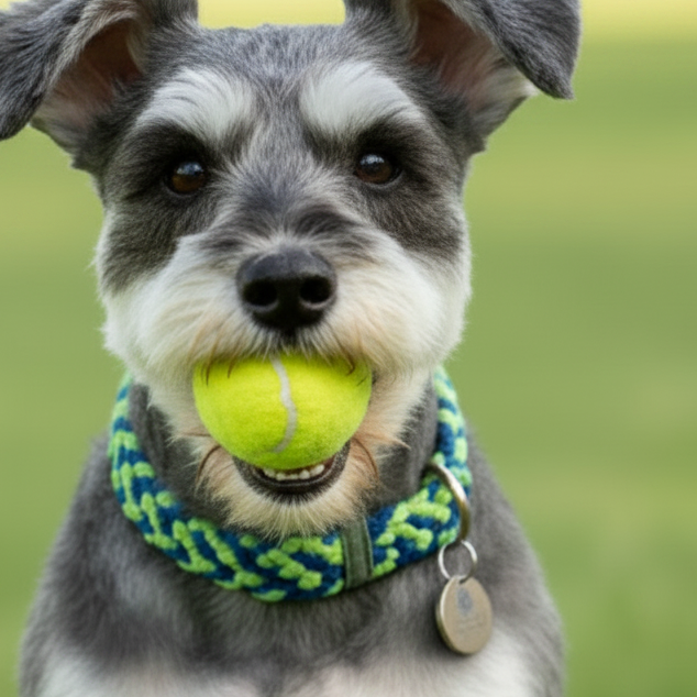 Close-up portrait of dog wearing BetterCollar Neon Green & Royal Blue dog collar