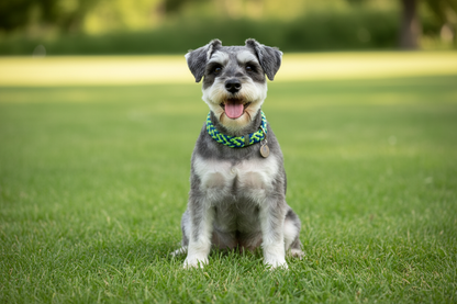 Dog wearing BetterCollar Neon Green & Royal Blue recycled dog collar
